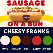 Load image into Gallery viewer, JUMBO Sausage on a Bun (CHEESY FRANKS)
