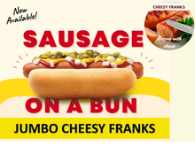 Load image into Gallery viewer, JUMBO Sausage on a Bun (CHEESY FRANKS)
