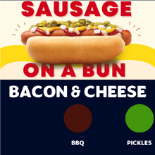 Load image into Gallery viewer, JUMBO Sausage on a Bun (BACON &amp; CHEESE)
