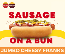 Load image into Gallery viewer, JUMBO Sausage on a Bun (CHEESY FRANKS)
