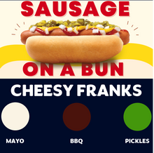 Load image into Gallery viewer, JUMBO Sausage on a Bun (CHEESY FRANKS)
