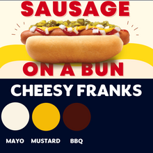 Load image into Gallery viewer, JUMBO Sausage on a Bun (CHEESY FRANKS)
