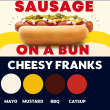 Load image into Gallery viewer, JUMBO Sausage on a Bun (CHEESY FRANKS)
