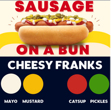 Load image into Gallery viewer, JUMBO Sausage on a Bun (CHEESY FRANKS)
