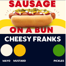 Load image into Gallery viewer, JUMBO Sausage on a Bun (CHEESY FRANKS)
